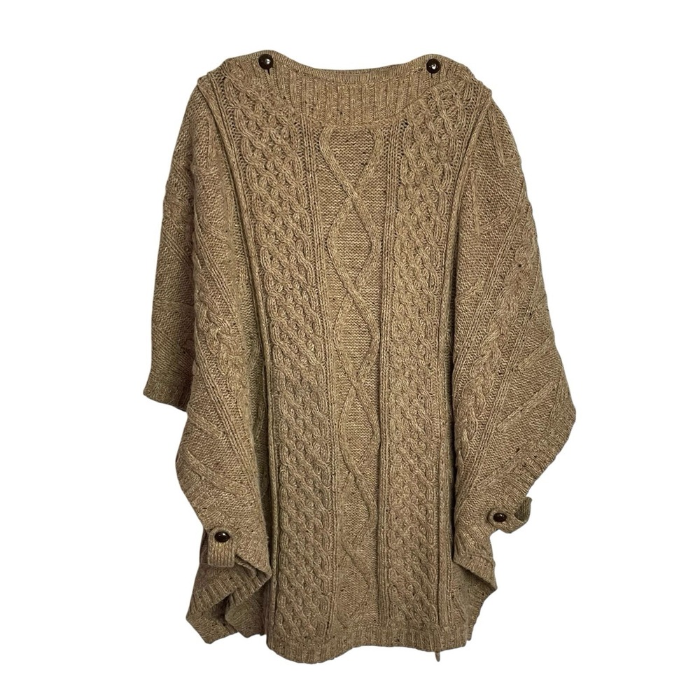 Vintage‎ Fox Run Womens Sweater Poncho Size S Tan Shetland Wool Chunky Fisherman